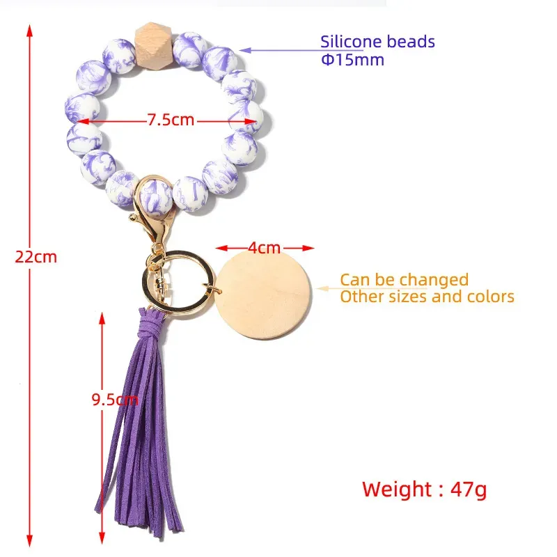 Silicone Bead Bracelet Wrist Keychain Pendants with Tassel DIY Gift