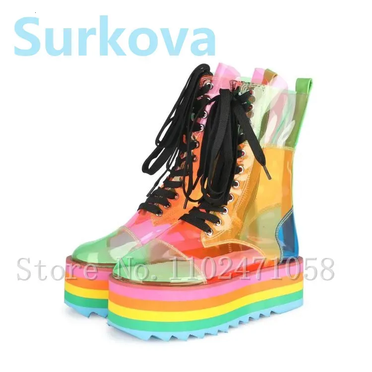 Boots Rainbow Sheepskin Fashion Women Height Increasing Transparent Female Pub Bar Short Mixed Color Party Ladies Shoes 231206