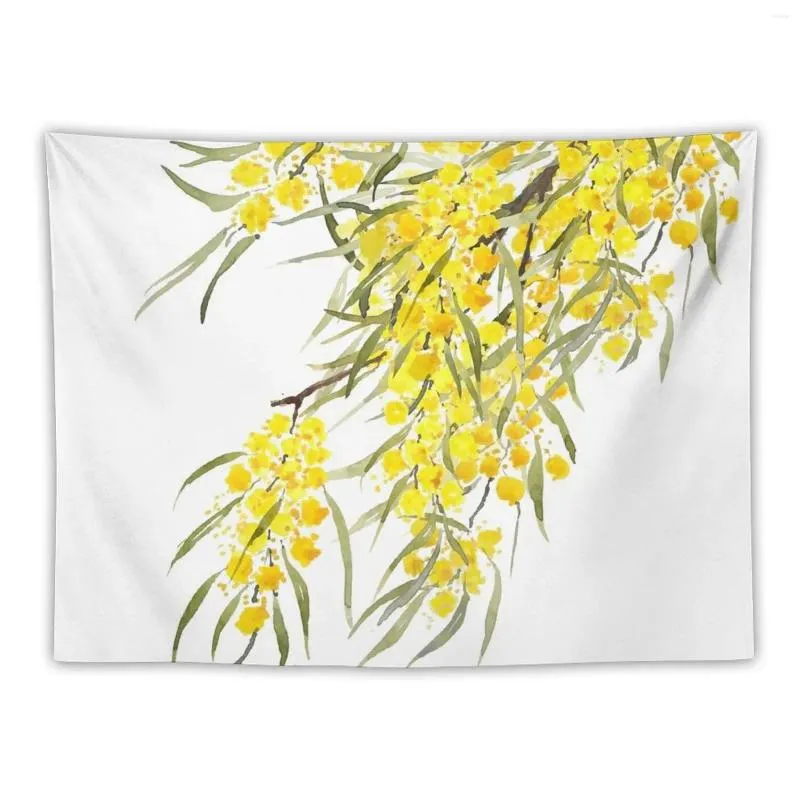 Tapeçarias Golden Wattle Flower Watercolor Tapeçaria Home Decor Acessórios Quartos Engraçados