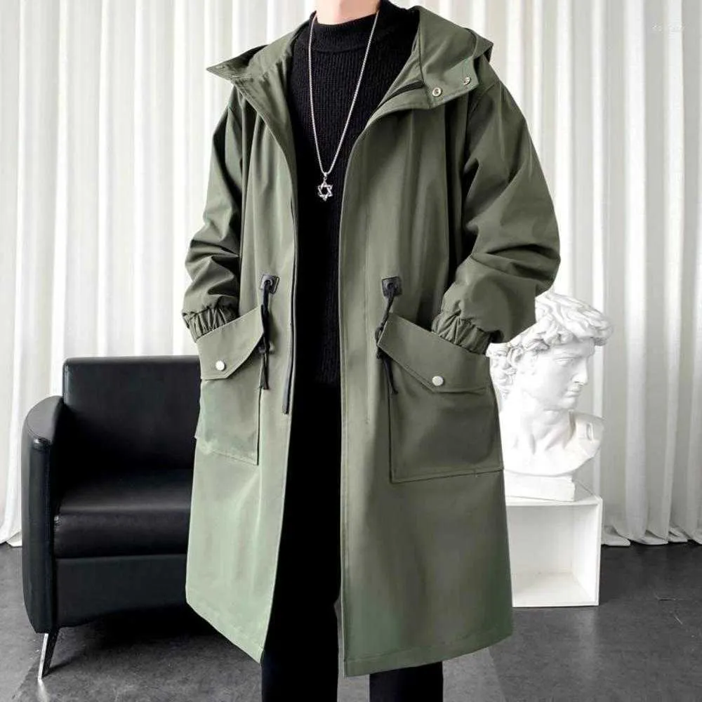 Herren-Trenchmäntel, Herren-Trenchcoats, Frühling und Herbst, Armeegrün, Windjacke, modisch, mittellang, lässiger Kapuzenmantel, Herren, täglicher High-Street-Mantel, männlicher Kleidung8K24