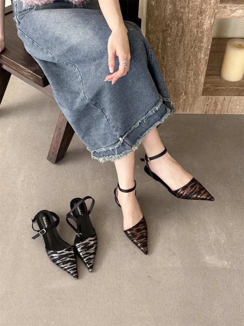 Sandals Sexy Women Pointed Toe Summer Dress Shoes Ankle Strap Thin Mid Heels Black Brown Fashion Party Pumps Size 35-39