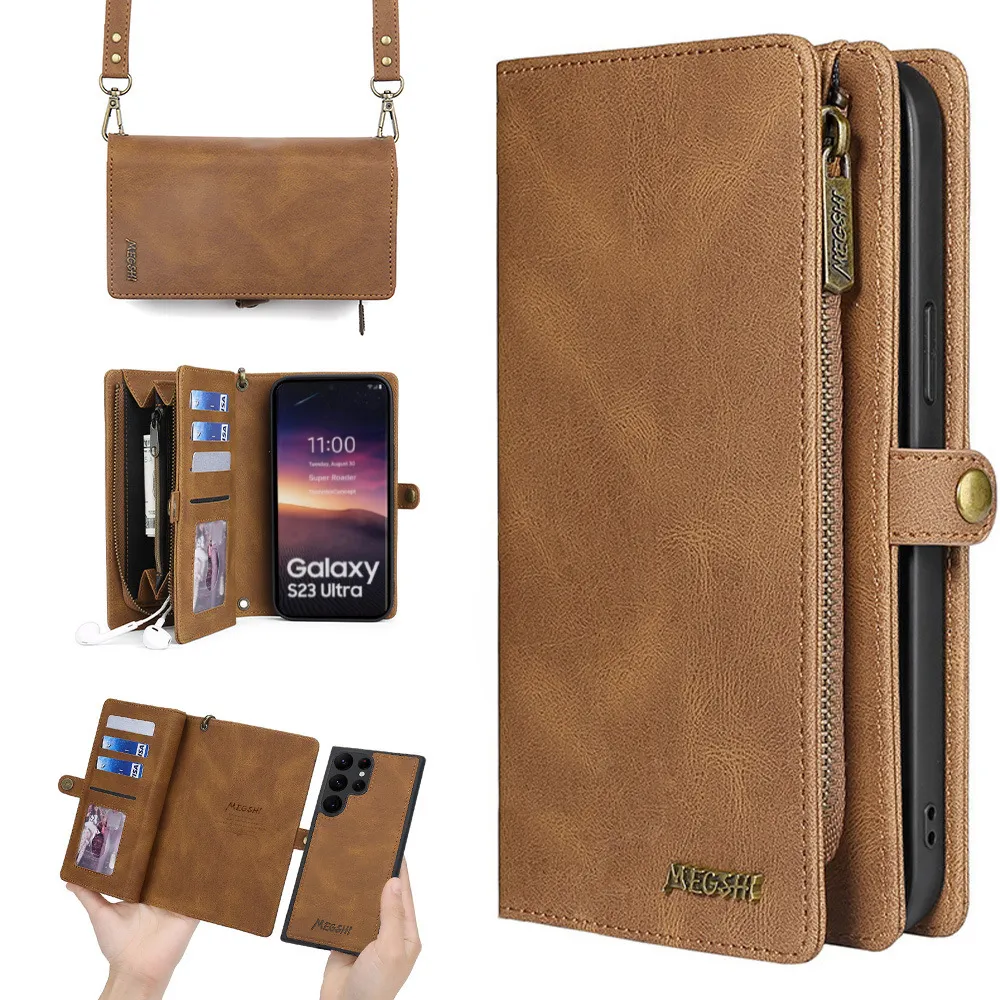 Premium plånbokskort magnetiskt flip läderfodral för Samsung Galaxy S23 S22 S21 Ultra Plus löstagbar handväska blixtlås crossbody lanyard multi kort slot telefon täckning