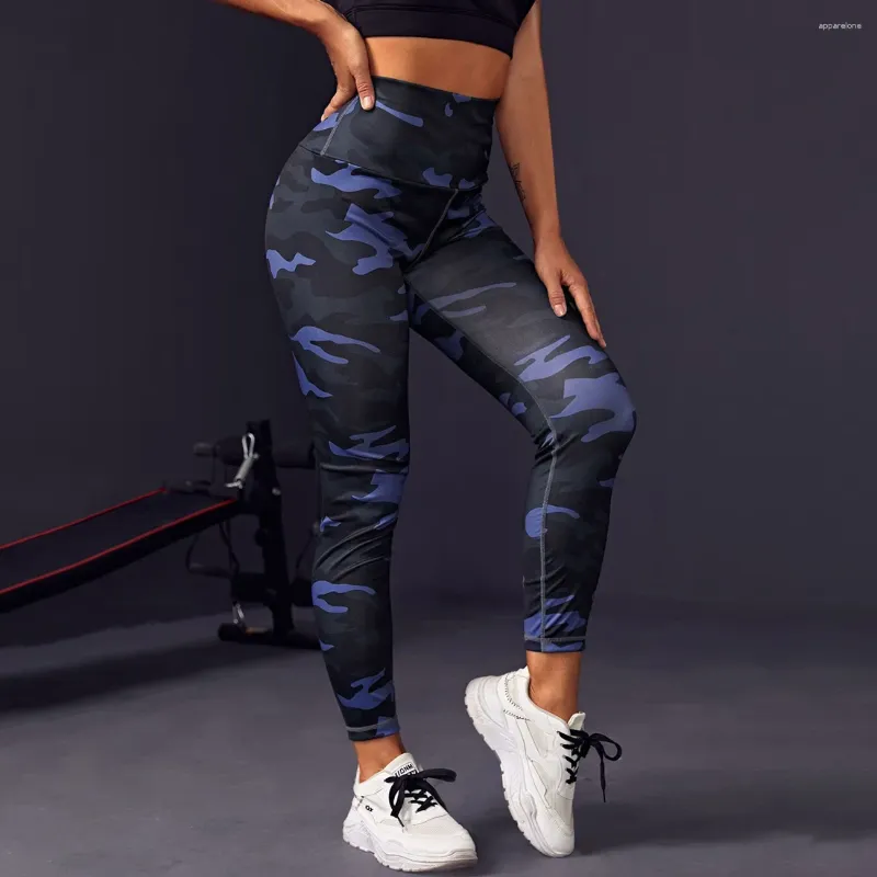 Kvinnors leggings hög midja blå kamouflage skjuter upp svarta leggins sport kvinnor fitness springande gym byxor energi