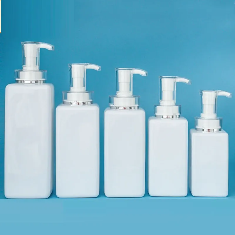 Bouteille à pompe carrée en plastique blanc, récipient d'emballage à épaule plate, vide, cosmétique, rechargeable, shampoing, gel douche, lotion, bouteilles 200 ml, 300 ml, 500 ml