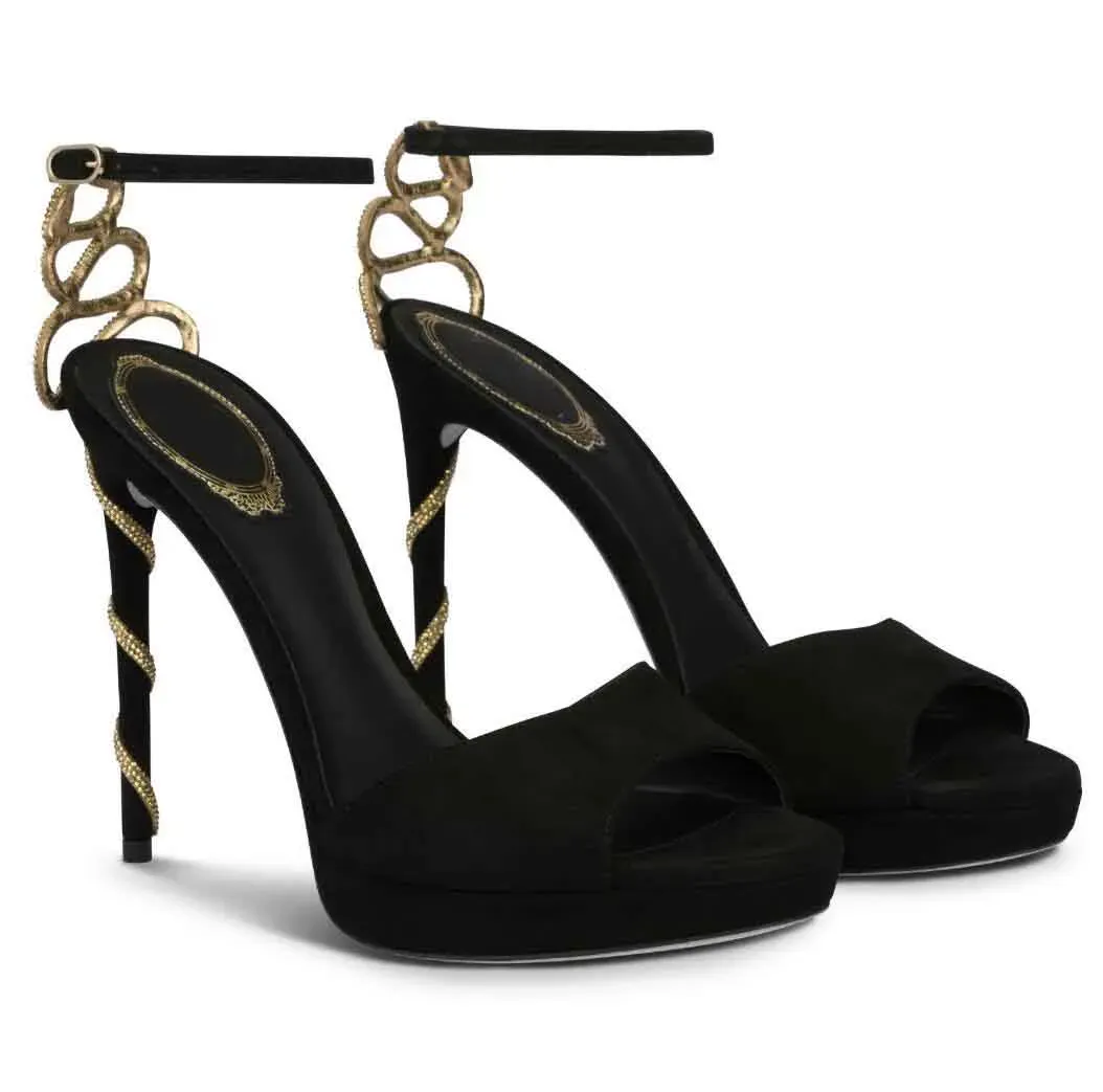 Luxurious Morgana Sandals Shoes Gold Crystal Snake Wrapped Black High Heels Suede Leather Lady Gladiator Sandalias Dress Bridal Wedding