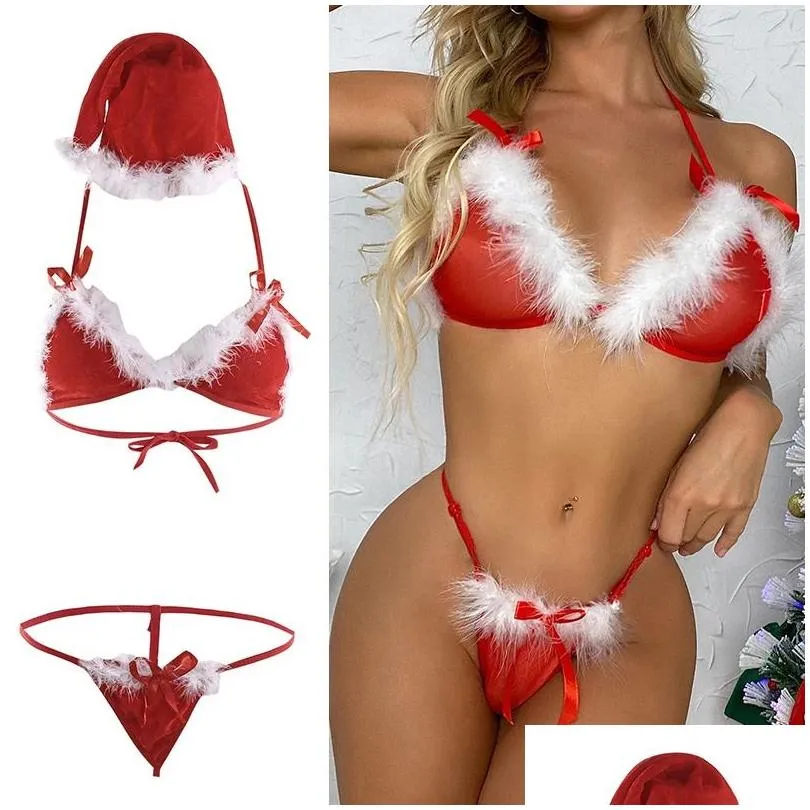 Sexig uppsättning Santa Lingerie Lady Christmas Red Veet Fluffy Bikini Set Bh G String Thong Hat 3st Bandage Exotic With Feather 231129 Dr Ote69