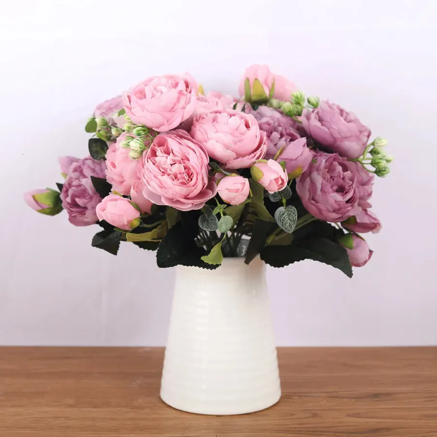 Decorative Flowers Wreaths 30cm Pink Silk Rose Bouquet Peony Artificial 5 Big Heads 4 Small Bud Bride Wedding Home Decoration Fake Faux 231207