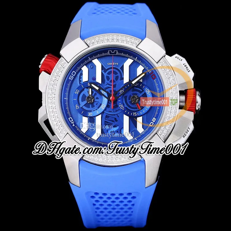 BZF EPIC X CHRONO EC423.32.OE.LL.J Japão VK Movimento cronógrafo de quartzo Relógio masculino esqueleto azul mostrador diamantes moldura pulseira de borracha cronômetro trustytime001Relógios