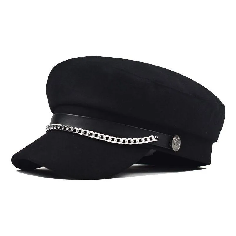 Baretten Ball Caps Wollen Kasjmier Baret Brief Hoed Pu-ketting Metalen Achthoekige Cap Koreaanse Vrouwelijke Engelse Mode Militaire Drop Delivery Otet4