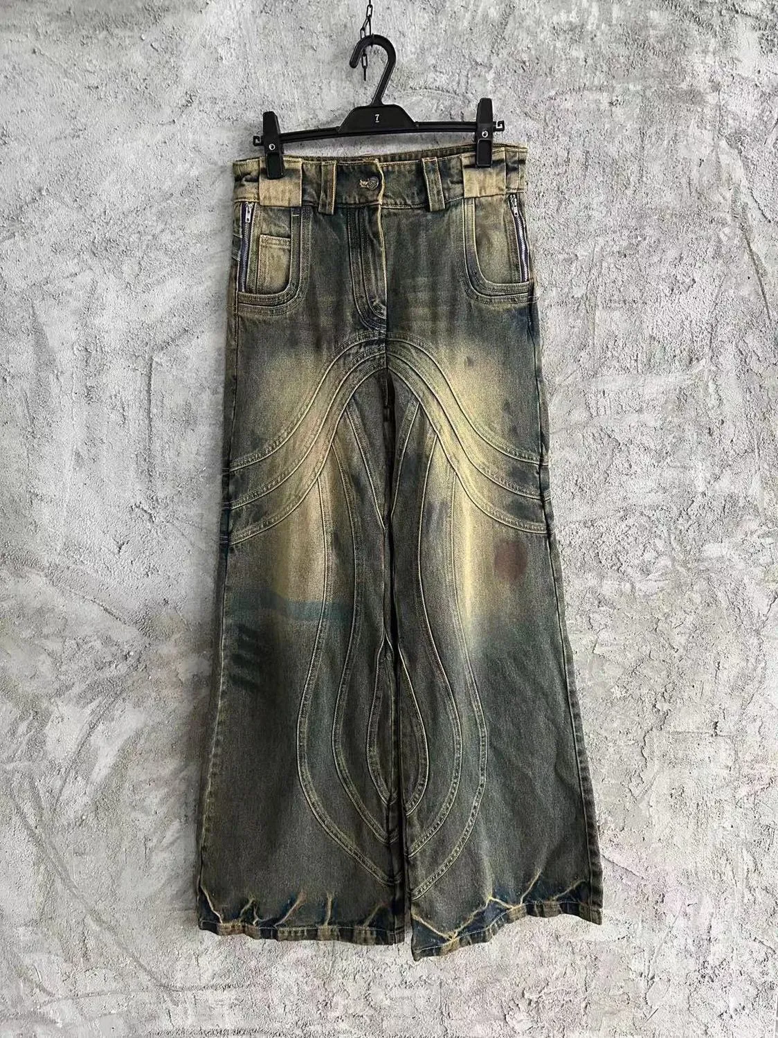 Nefaith Studios Endüstri Eski Tasarımcı Kot Heavy Wave Ripple Yapımı Yıkama Siyah Gri Mikro Korna Denim Gevşek Pantolon Marka Lüks Klasik