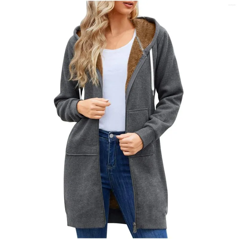 Vestes à capuche longues pour femmes, tunique à manches d'hiver, polaire décontractée, manteau zippé, sweat-shirts doux, manteaux chauds