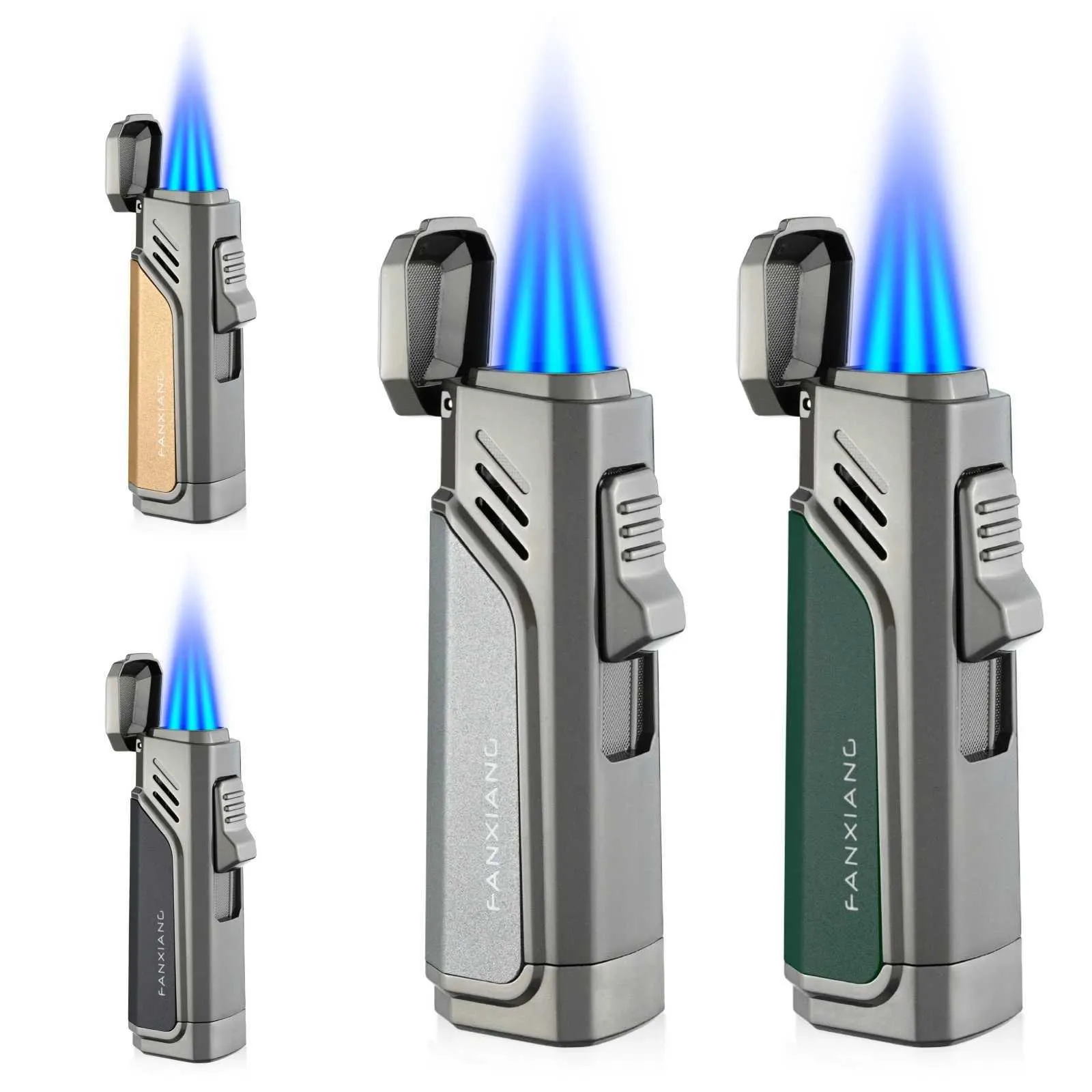 Зажигалка для сигар, ветрозащитная металлическая 3 струи, факел с синим пламенем, курительные зажигалки, надувные аксессуары, подарочная коробка, мужская