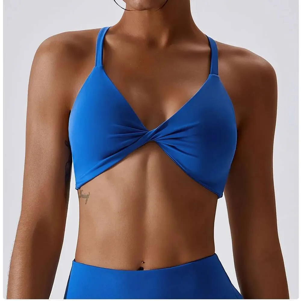 Lu Lu Yoga Outfit Couleur unie Femmes Fitness Sports Soutien-gorge Débardeur Débardeur Avant pli central dos croisé avec coussinet de poitrine entraînement jogging