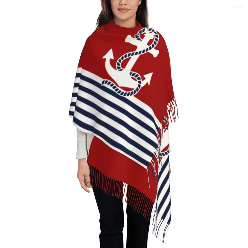 Sjaals Rood Witte Strepen Blauw Anker Sjaal Wrap Voor Dames Winter Warm Grote Zachte Sjaal Nautische Roer Zeilen Pashmina Kwastje