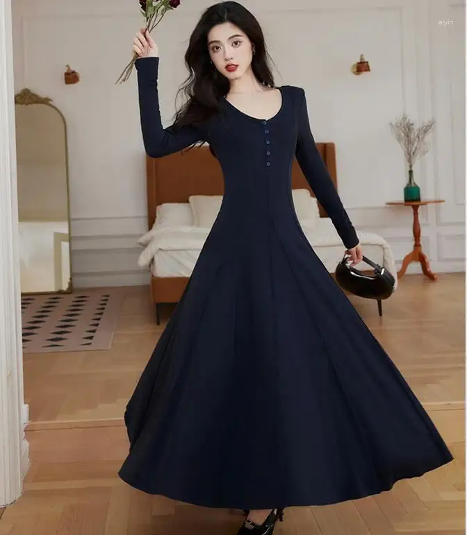 Vestidos casuais retro vicotrian estilo princesa vestido para senhora magro manga longa de malha grande balanço mulheres fundo preto robe vestido