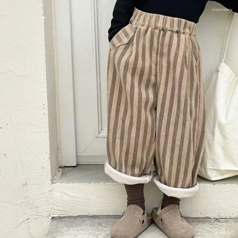 Broeken voor kinderen losse retro gestreepte corduroy gewatteerde casual broek winter jongens en meisjes verdikte warme wijde broek kinderen