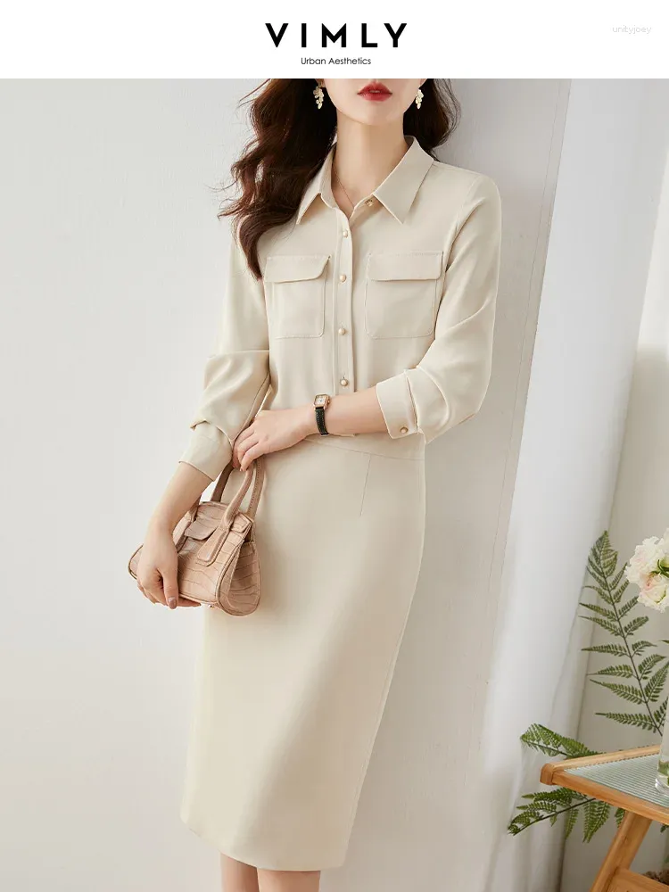 ワークドレスVimly Elegant Vintage Shirt and Slit Midi Skirt Women Office衣装のための2ピースセット2023 Spring in Match V8071
