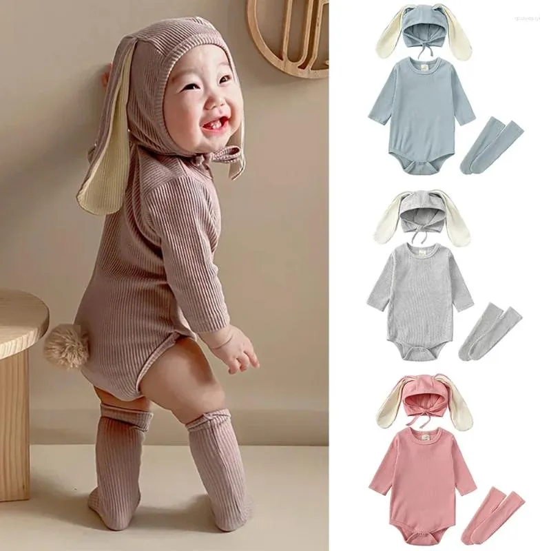 Kledingsets 2023 Baby Pasen Romper Oor Hoed Body Sokken Effen Katoenen Jumpsuit 0-24M Koreaans Schattig Peuter Jongen Meisje Outfits Kleding