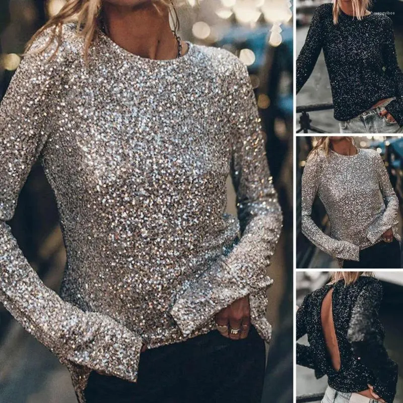 Women's Blouses Sequin Decoration Top Long Sleeve Party Club Blouse Round Neck Hollow Out Back Soft Pullover Shiny Performance