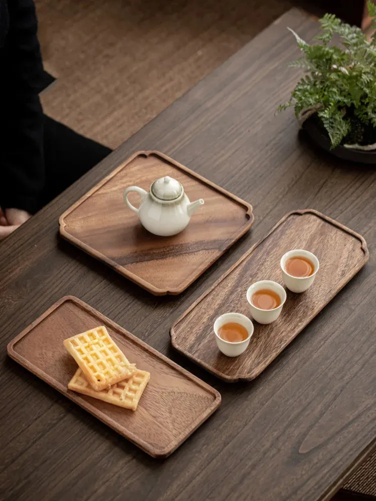 Dishes Plates Natural Texture Rectangle Wooden Tea Tray Serving Table Plate Snacks Food Storage Dish for el Home Serving Tray Square Walnut 231206