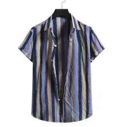 Men's Casual Shirts Stripe Print Shirt Streetwear Hawaiian Cotton Linen Short Sleeve For Men Button Up Blouse Top Chemise Hom2495