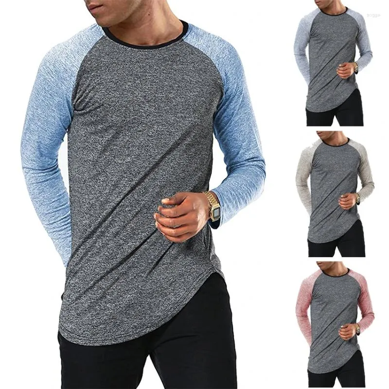 Мужские футболки, весенне-осенние рубашки с длинным рукавом, подходящая по цвету нижняя рубашка, модная повседневная футболка с дуговым подолом, верхняя одежда с круглым вырезом