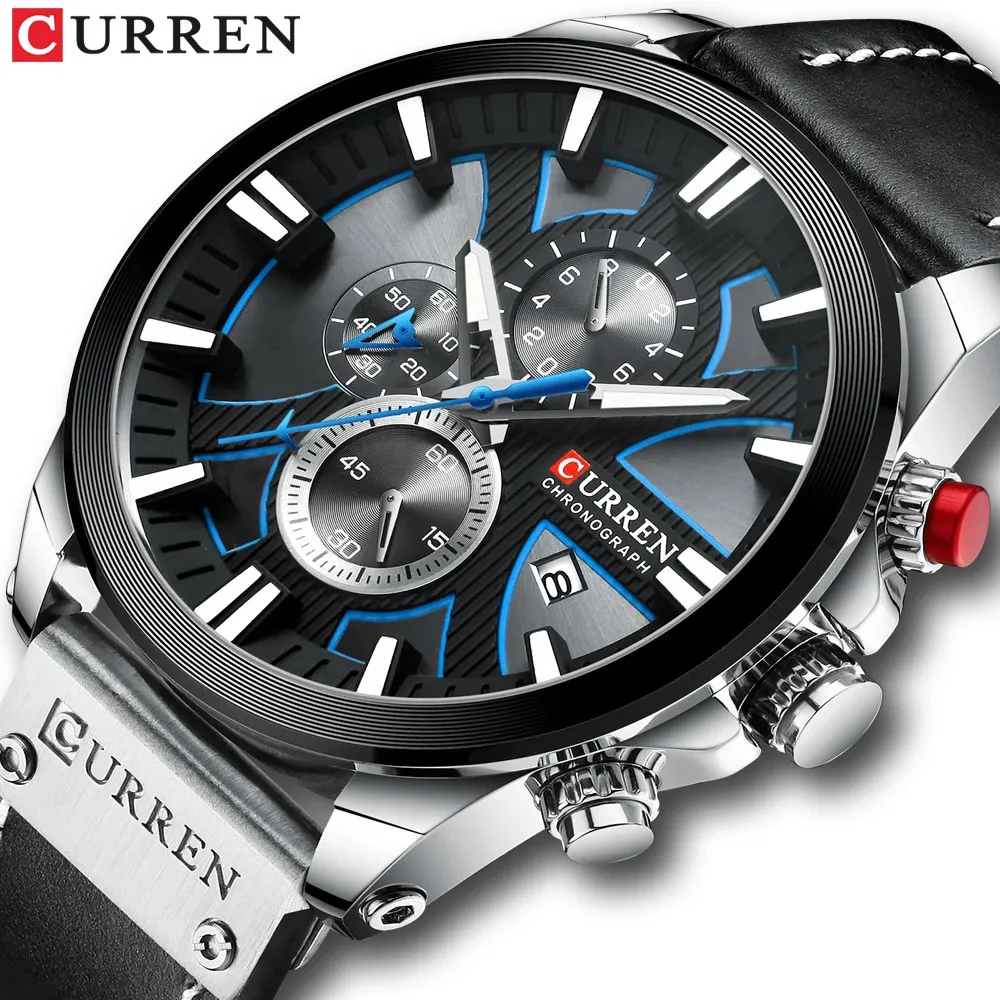 Armbanduhren Curren Uhr Chronograph Sport Herrenuhren Quarzuhr Leder Männliche Armbanduhr Relogio Masculino Mode Geschenk für Männer 231206