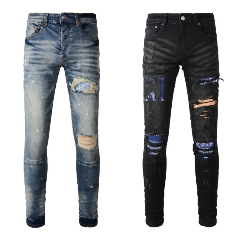 High street ripped jeans men's patchwork patches star stretch slim fit pencil pants