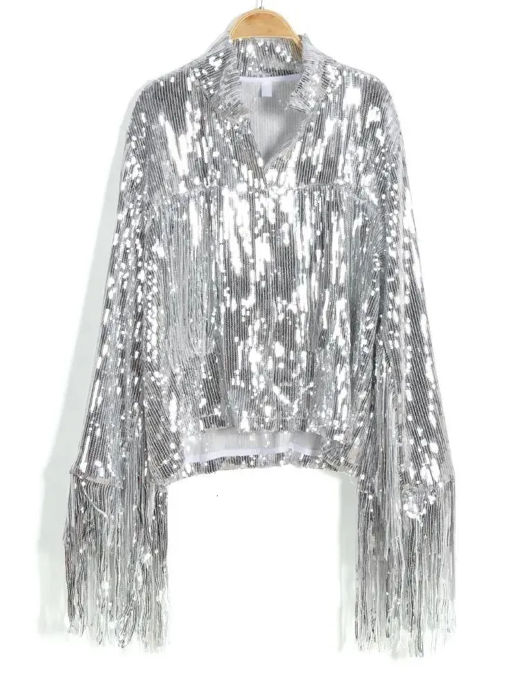 Kurtki damskie Tassel cekin kurtka jesienna zima streewear rock bf retro srebrna odblaskowa płaszcz damski 231207