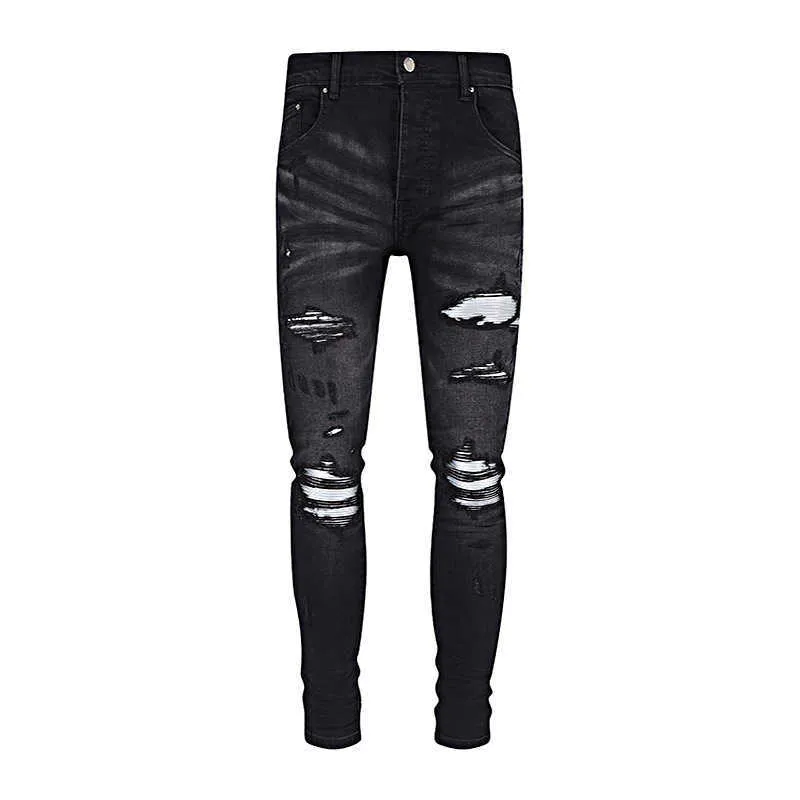 Designer amirssNew High Street Fashion Marca Combinação Couro Prata Patch com Buracos Quebrados Elástico Slim Fit Lavagem Jeans Preto para Homens