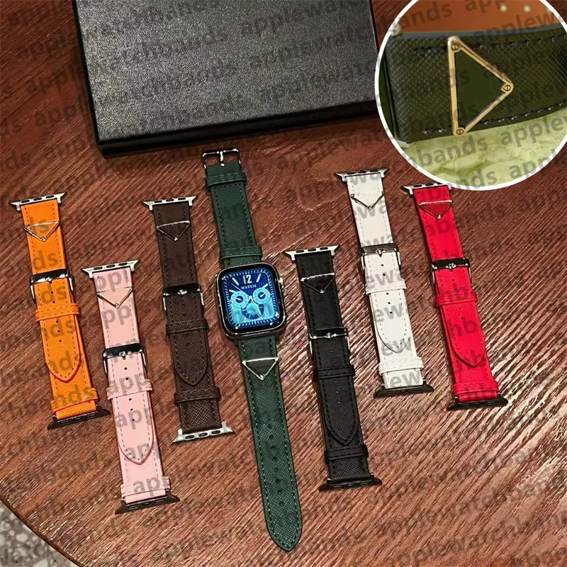 Designer Apple Watch Band Horlogeband voor Apple Watch-serie 8 3 4 5 6 7 ultra iwatch-banden 38 mm 42 mm 41 mm 44 mm 49 mm Luxe lederen driehoek P ap-armband Slimme bandjes