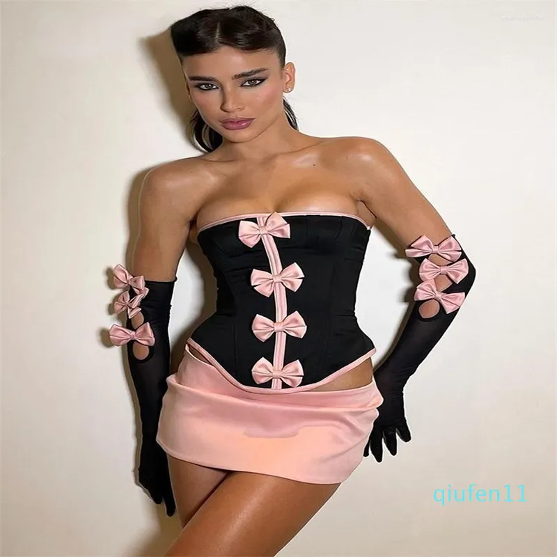 Dwuczęściowa sukienka seksowna kokse bez ramiączek garnituje kobiety 2 dwa set czarne rękawiczki z siatki topy