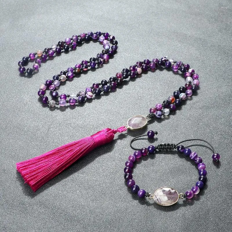 Pendant Necklaces 108Mala 6mm Purple Striped Agate Beads For Women Men Yoga Trendy Handmade Bracelet&Necklace Set Fashion Jewelry Energy