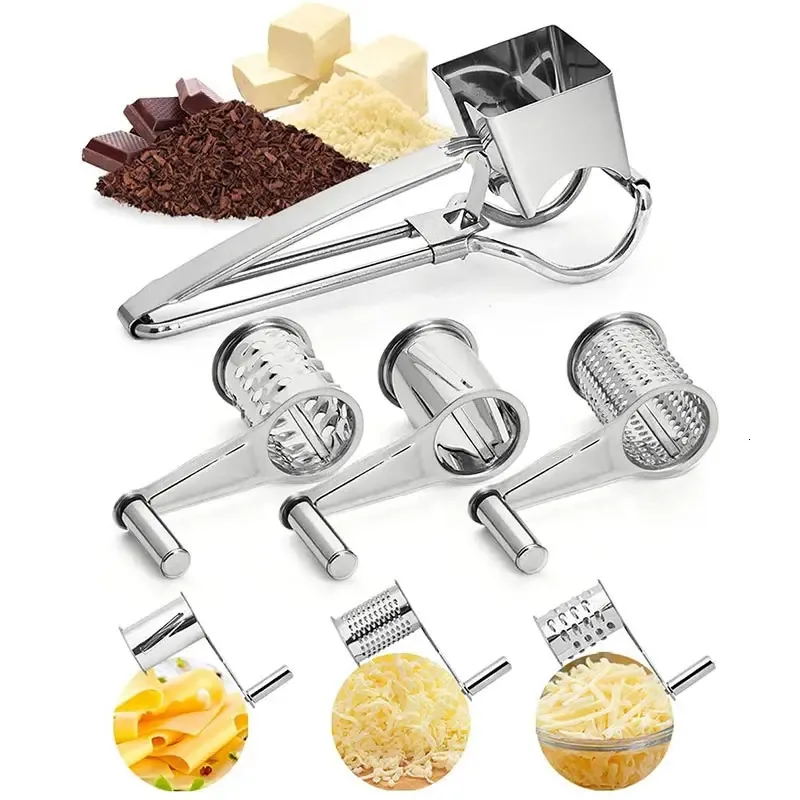 Ferramentas de queijo cozinha ralador rotativo ralador de queijo rotativo de aço inoxidável conjunto com 4/3/1 tambores manual cortador de queijo slicer triturador 231206