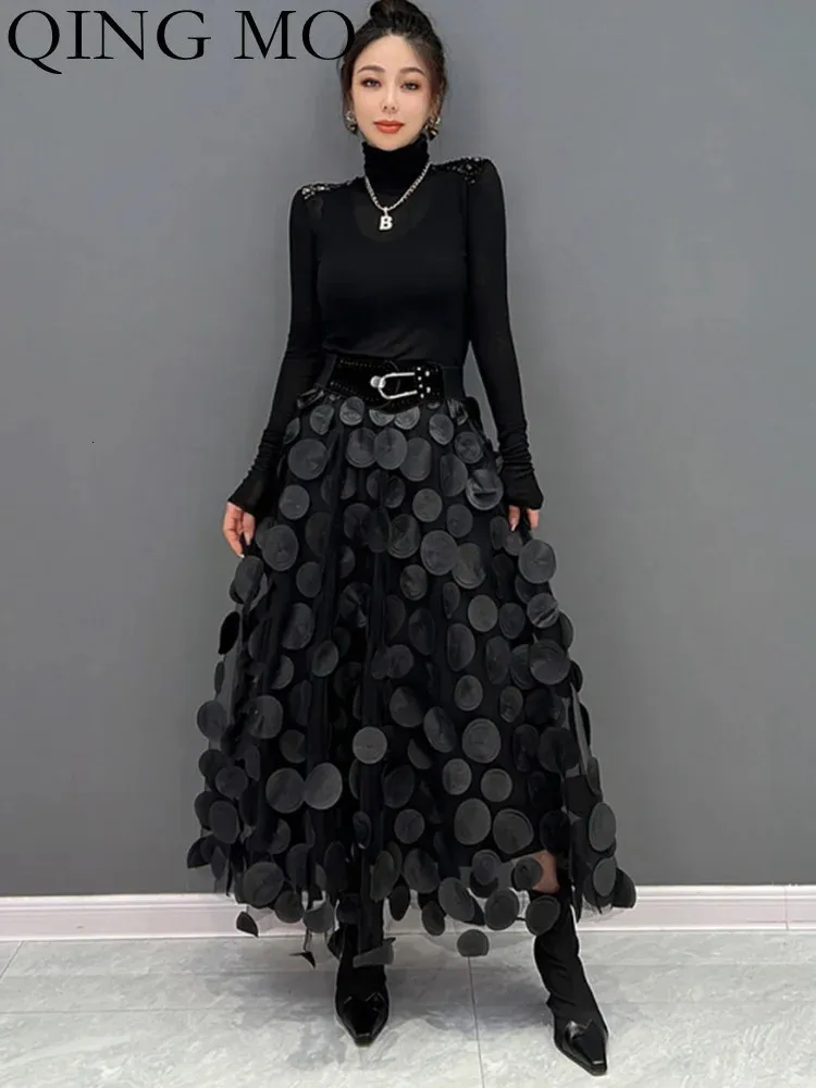 スカートQing Mo Polka Dot Women Skirt Black 2024春夏韓国ファッショントレンドパッチワークメッシュスカートストリートウェアドレスZXF1016 231207