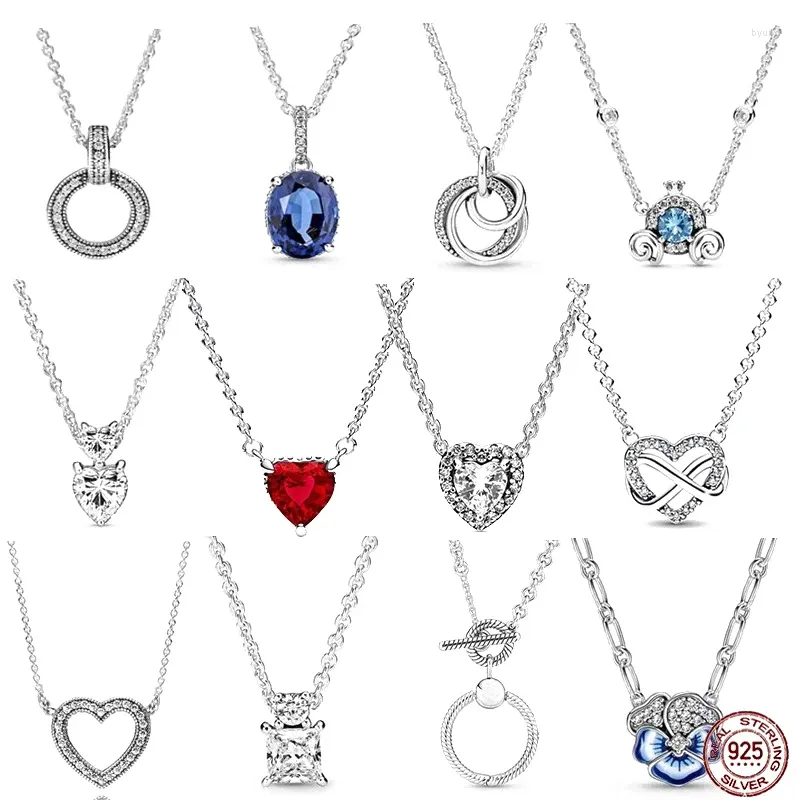 Pendants 925 Sterling Silver Shiny Heart-shaped Round Sapphire Pendant Necklace Fit Original Exquisite Jewelry DIY Women's Gifts