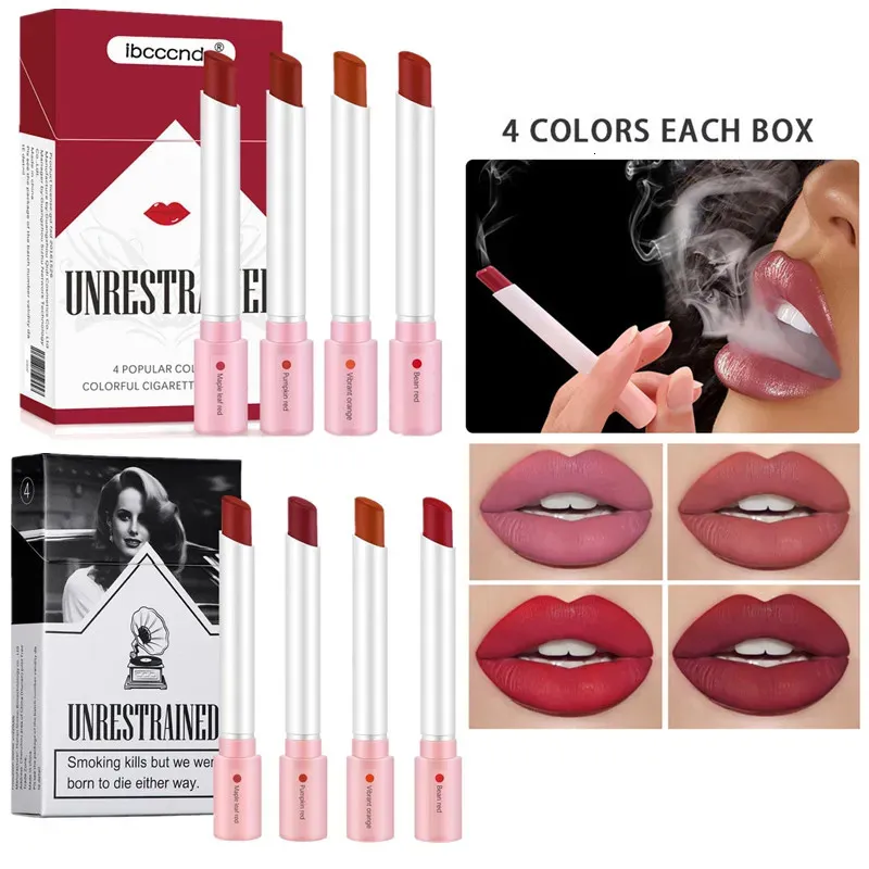 Lipstick 4pcsBox Cigarette Shape Matte Waterproof Matt Longlasting Smoke Tube Velvet Lip Tint Set 231207