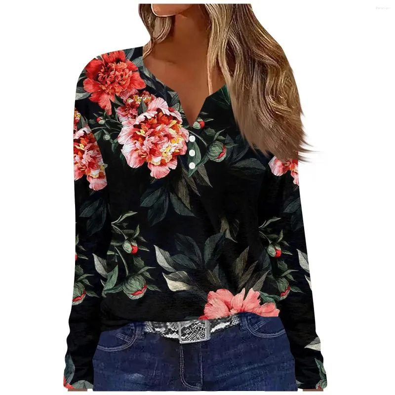 Camiseta feminina com decote em v botão para baixo pulôver com linda rosa impressão moda elegante solto slouchy manga comprida camiseta S-3xl