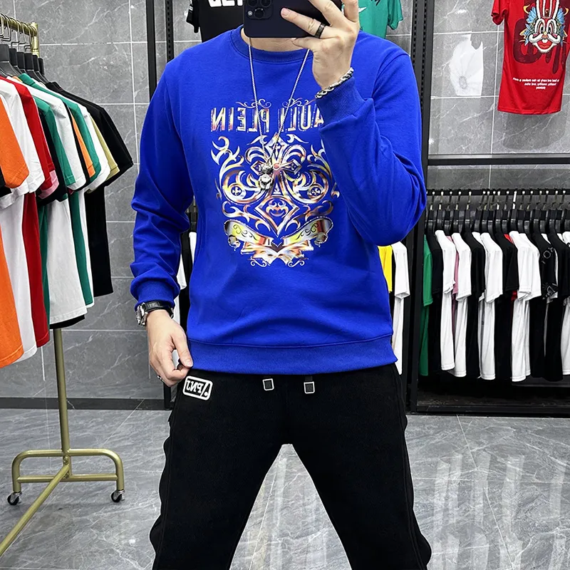 Erkek Pullu Peluş Peluş Rhinestone Heavy Craft Yuvarlak Boyun Hoodie Uzun Kollu T-Shirt Alt Gömlek Top Male Kış Dışarı Giyim Giyim