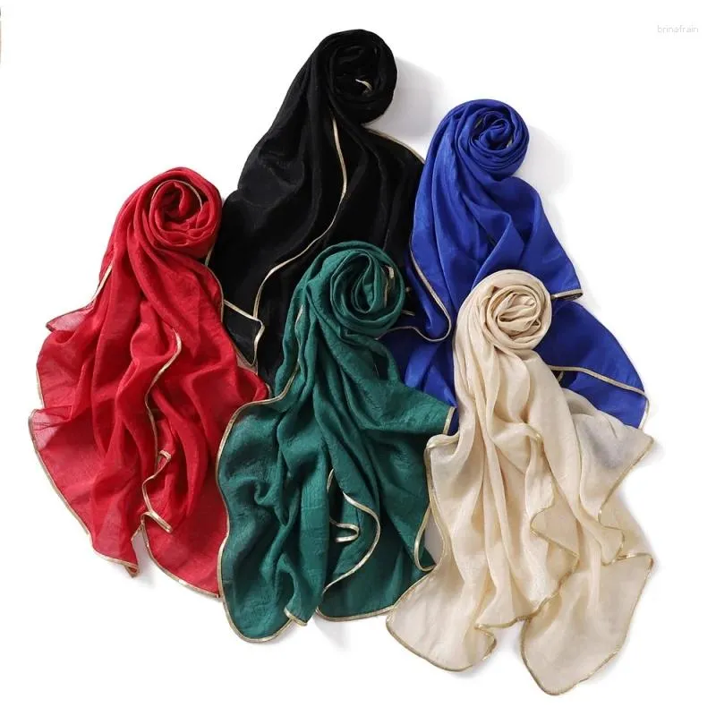 Scarves Wrinkled Silk Brocade Pack Golden Edge Pure Color Scarf Indonesian Malay Headcloth Fashion Shawl Summer Plain