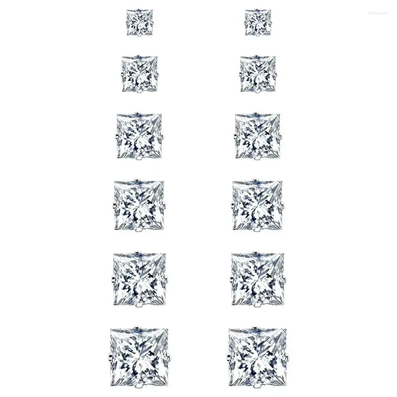 Stud Earrings 316L Hypoallergenic Stainless Steel 14K White Gold Plated Square Cubic Zirconia Set For Men Women Pack Of 6 Pairs