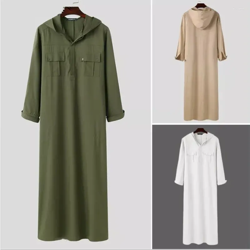 민족 의류 아랍어 스타일 단순한 긴 남자 주머니 후드 셔츠 무슬림 로브 남성 이슬람 패션 사우디 아라비아 jubba thobe