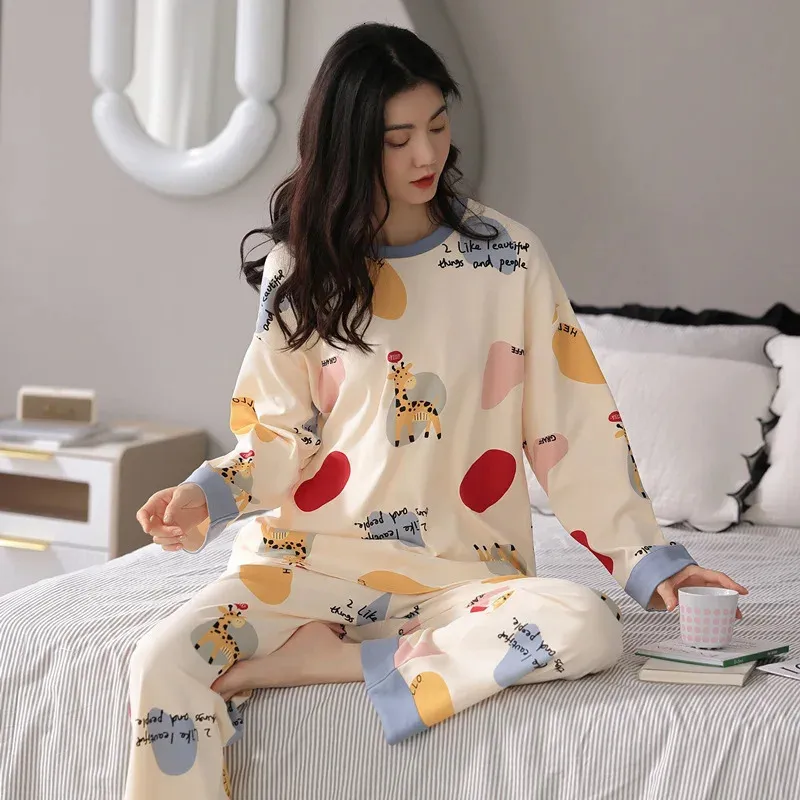 Mulheres sleepwear feminino 2 peças pijama conjunto 100% algodão pijama feminino pijama feminino homewear macio sleepwear manga longa o-pescoço camisa calças terno 231206