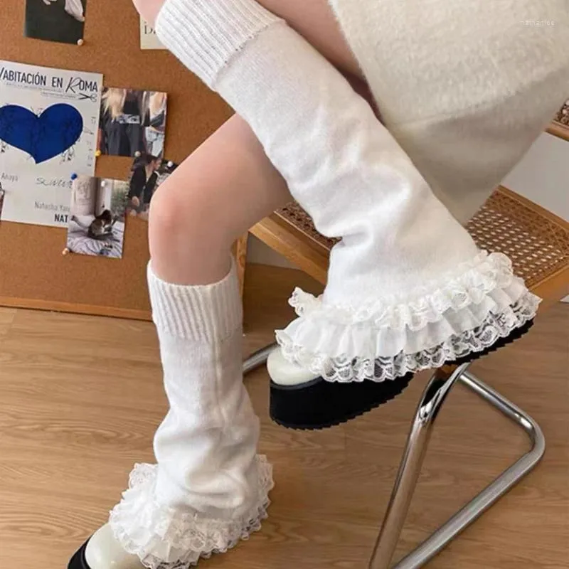 Frauen Socken Spitze Rüschen Gestrickte Y2K Ästhetische Punk Gothic Lolita Kawaii Boot Manschetten Strümpfe Für Herbst Winter JK