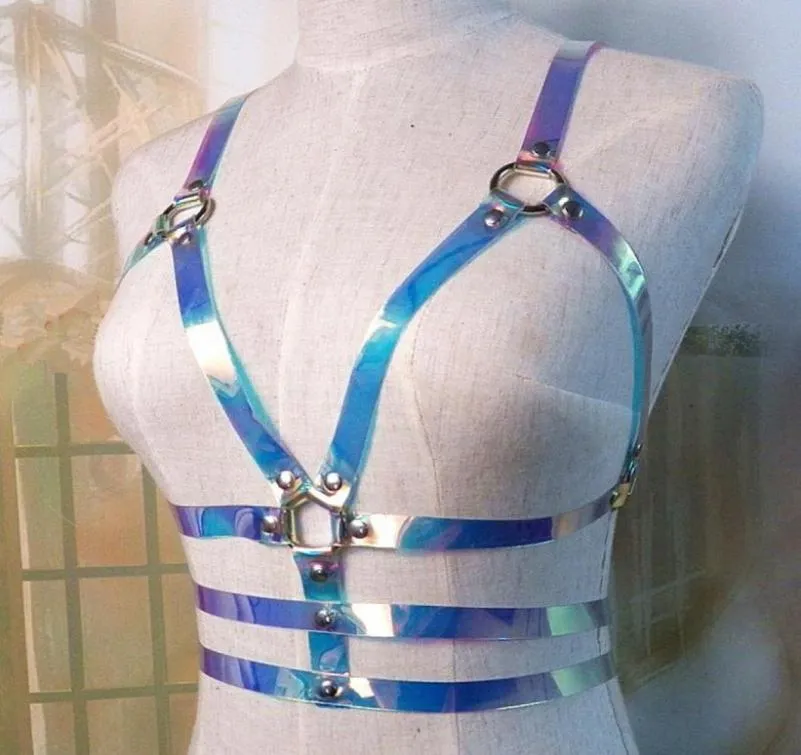 Riemen Vrouwen Laser Transparant PVC Gekooide Bh Harnas Riem Sexy Taille Vrouwelijke Holographic2470390