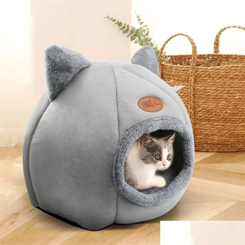 Camas para gatos Muebles Súper suave Perro Redondo Sueño profundo Comodidad en invierno Cálido Tienda de campaña Acogedora Cueva Estera Cama interior portátil para gatos Drop de Dhav8