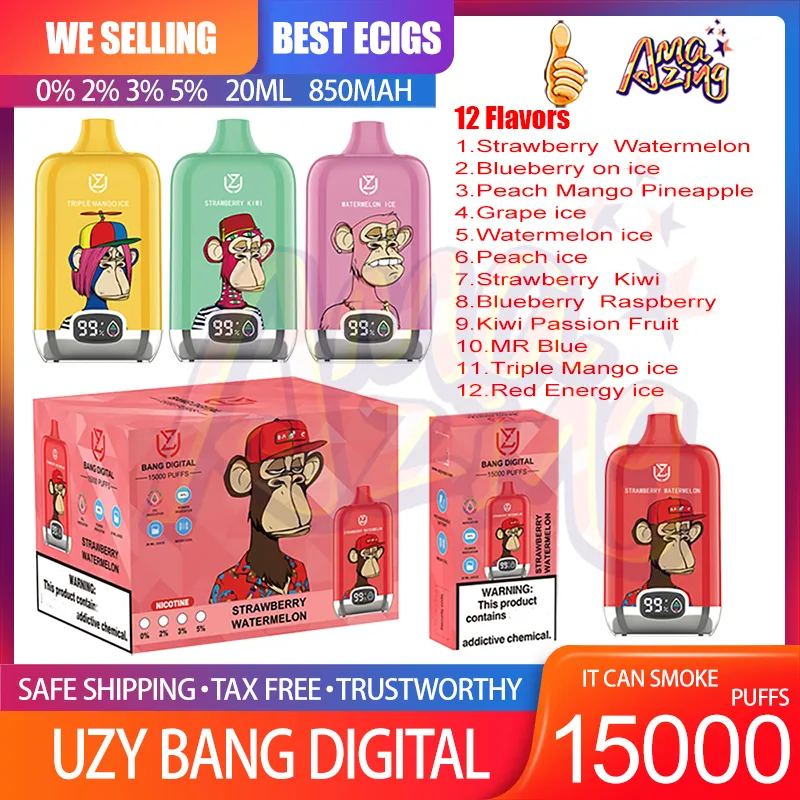 Original Uzy Bang Digital 15000 Puff Disposable Vape Pen 0.8Ohm Mesh Coil 20 ml Förfylld POD 850mAh Uppladdningsbart batteri E Cigarettpuffar 15K 0% 2% 3% 5% 12 Smaker