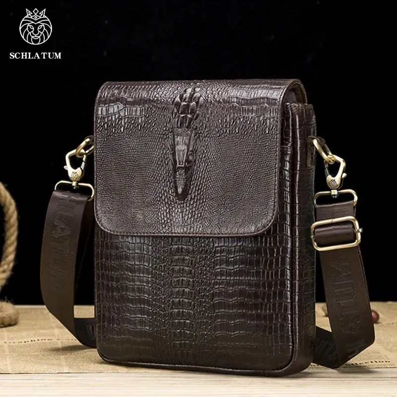 Evening Bags SCHLATUM Genuine Leather Daily Casual Shoulder Bag for Men Dark Brown Vintage Cocrodile Pattern Messenger Bag Men's 231207