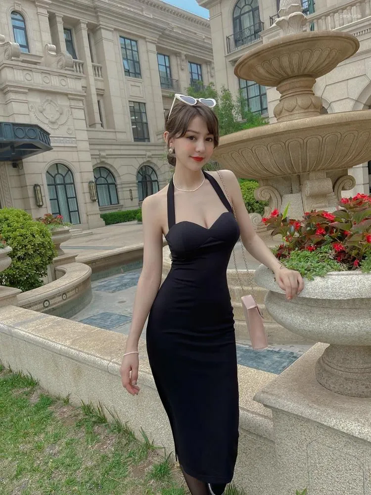 Casual Dresses Summer Black Halter Dress Sleeveless Backless Hip Wrapping High Waist Fork Midi Suspender Rockabilly Pinup Vintage Le Palais