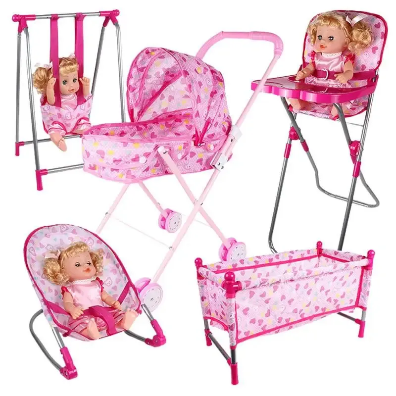 Puppenhaus-Zubehör, Simulations-Kinderwagen-Set, rosa Baby-Rollenspiel-Spielzeug, Kindergarten-Rollenmöbel, Krippenwagen 231207